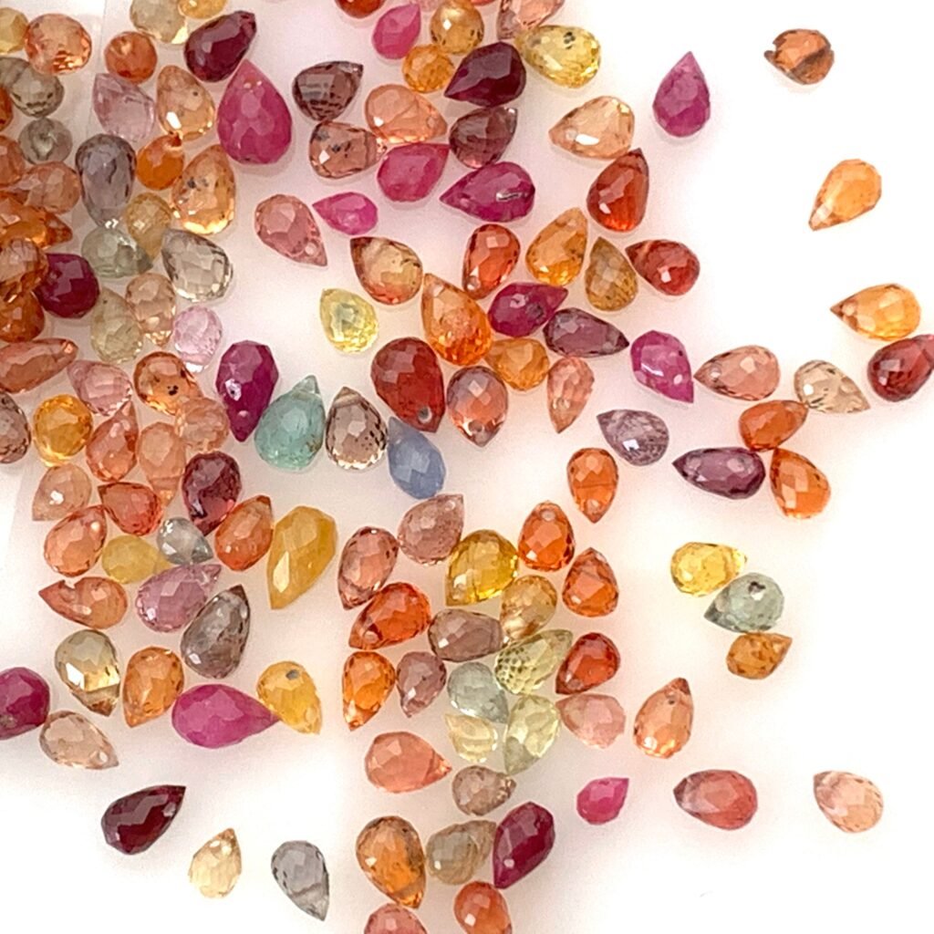 Natural Mixed Color Sapphire Drop Beads  2×4–3x5mm, High Quality Orange Red Blue Mixed Sapphire  Gemstone Drops Beads, Pack of 10 Loose Bead