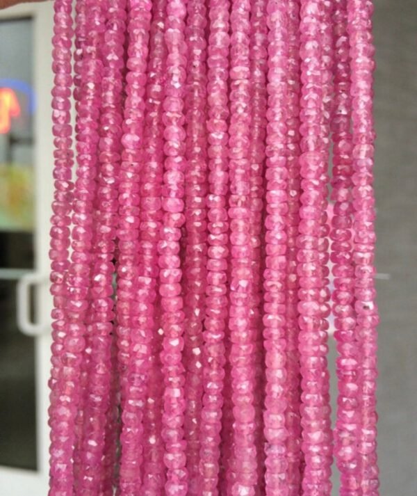 Genuine Pink Sapphire Rondelle Beads – 2.5–4mm Micro-Faceted, 4" Strand for Jewelry Making, Faceted Rondelles Gemstone Bead for DIY Jewelry