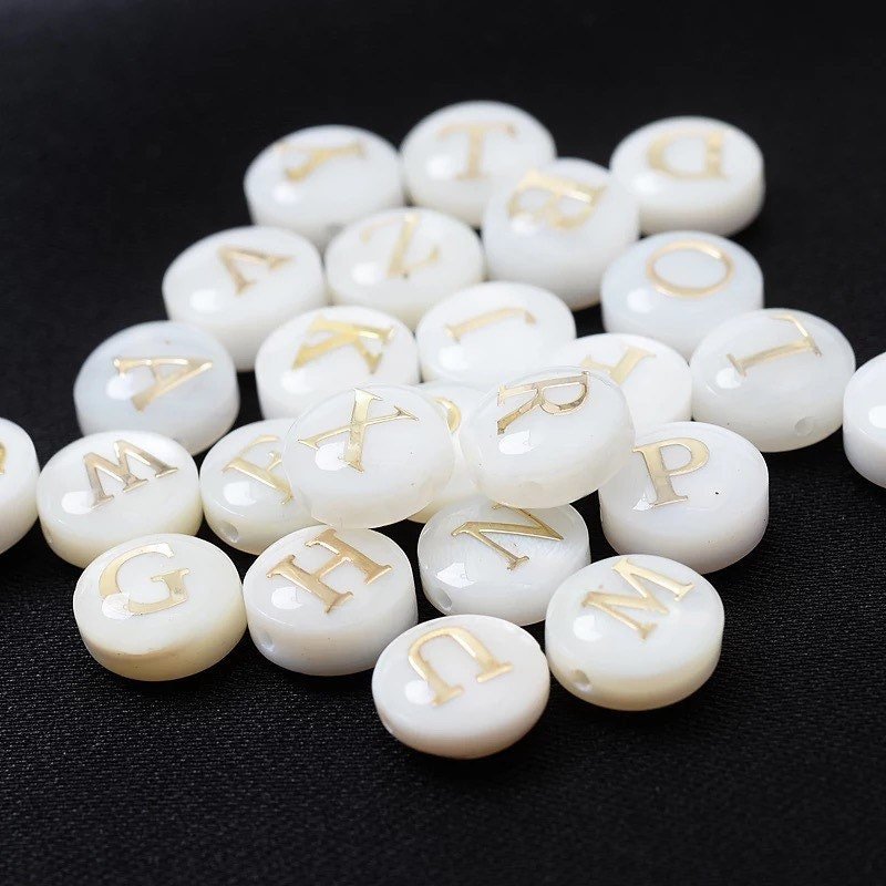Personalized Gold Letter Shell Beads | 8mm Natural White Shell | 1mm Drill Hole | DIY Jewelry | Round Shell Beads | DIY Shell Beads