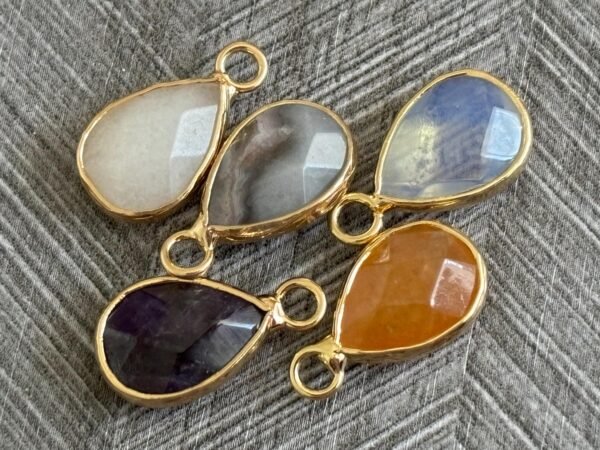 Gold Plated Mixed Gemstone Teardrop Charms – 18x20mm Amethyst, Moonstone, Quartz – Pack of 5 - Natural Gemstone Charms - Image 2