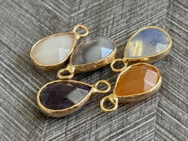 Gold Plated Mixed Gemstone Teardrop Charms – 18x20mm Amethyst, Moonstone, Quartz – Pack of 5 - Natural Gemstone Charms - Image 3