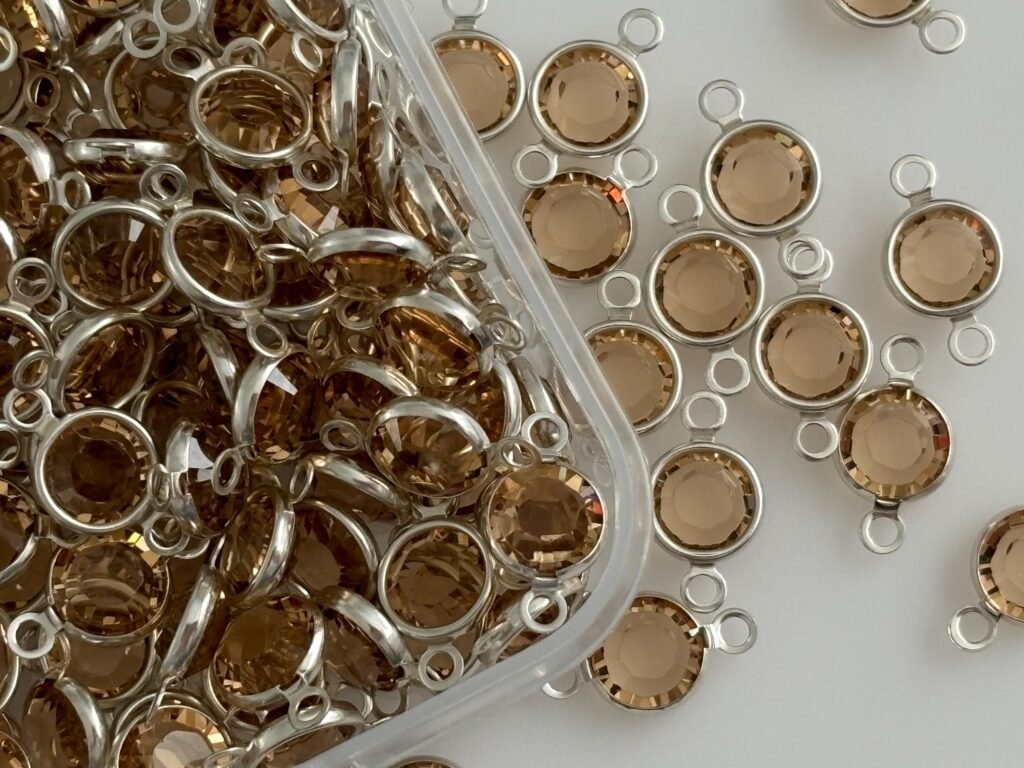 Sterling silver White Clear Round Bezel-Set Swarovski Crystal 6mm-Birthstone Connector-Crystal Connector-Pack of 10-Made in USA