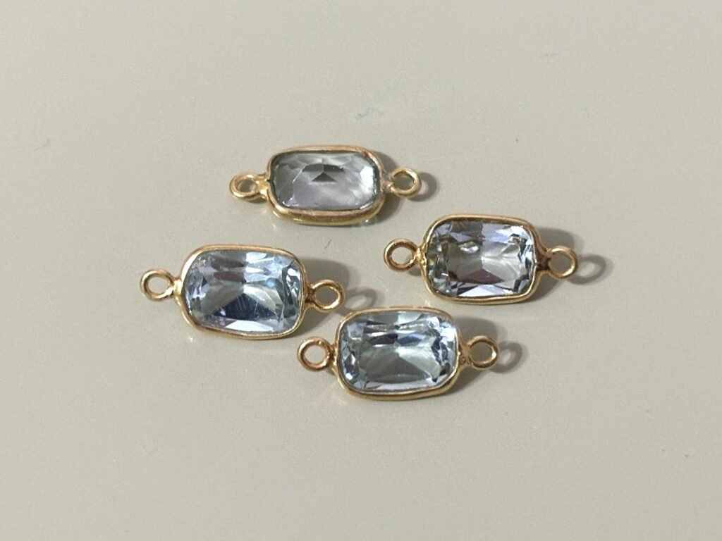 Faceted Sky Blue Topaz Connector Link – 5x7mm – 18k Gold Plated Sterling Silver – Gemstone Connector – 2 Loop – Qty 4 – Bezel Charms